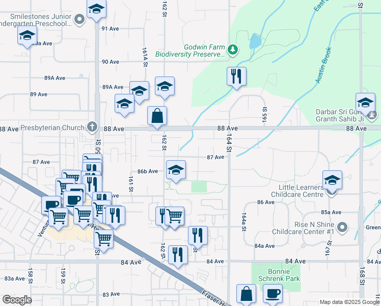 map of restaurants, bars, coffee shops, grocery stores, and more near 16275 87 Avenue in Surrey