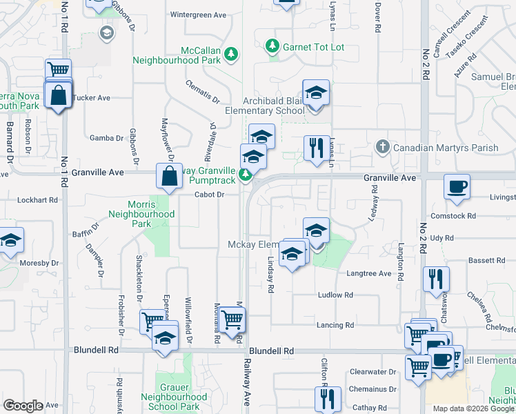 map of restaurants, bars, coffee shops, grocery stores, and more near 7140 Railway Avenue in Richmond