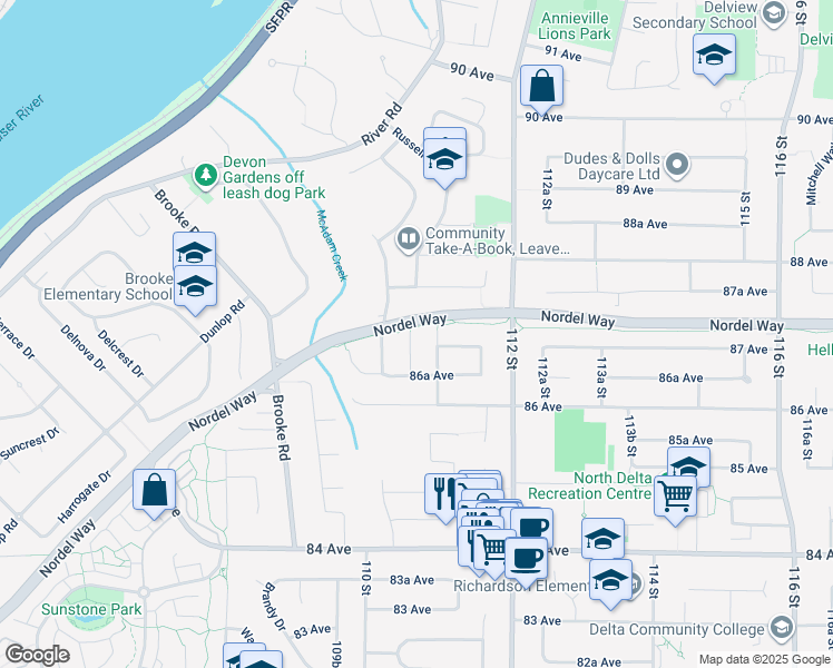 map of restaurants, bars, coffee shops, grocery stores, and more near 8698 110A Street in Delta