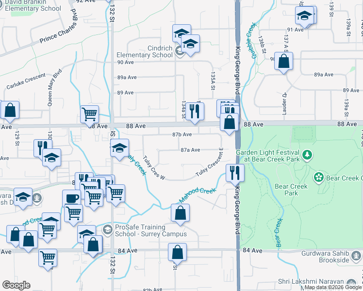 map of restaurants, bars, coffee shops, grocery stores, and more near 13421 87A Avenue in Surrey