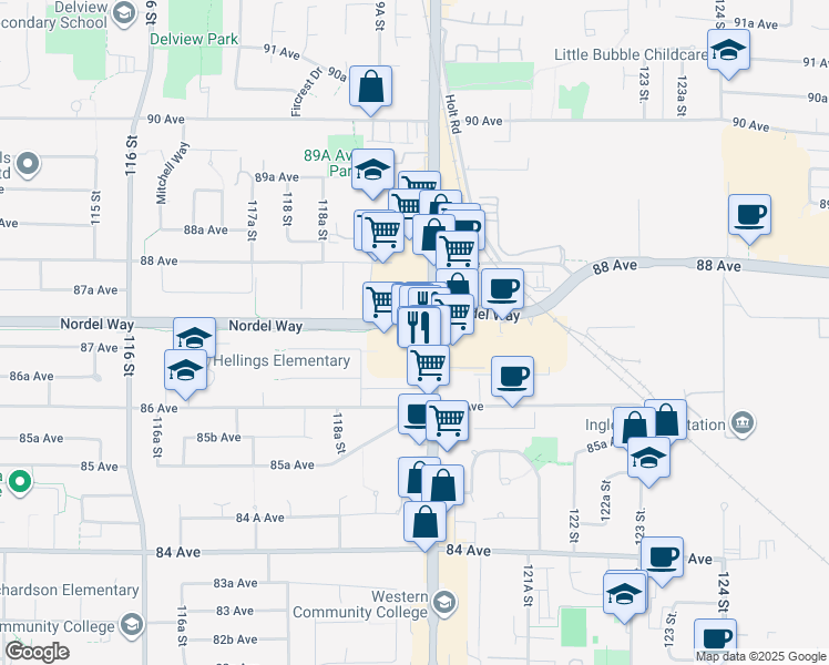 map of restaurants, bars, coffee shops, grocery stores, and more near 12080 Nordel Way in Surrey