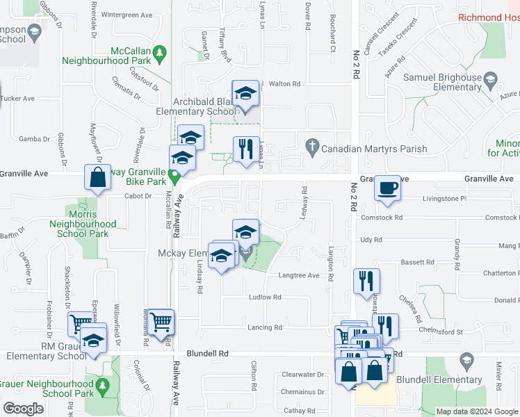 map of restaurants, bars, coffee shops, grocery stores, and more near 7266 Lynnwood Drive in Richmond