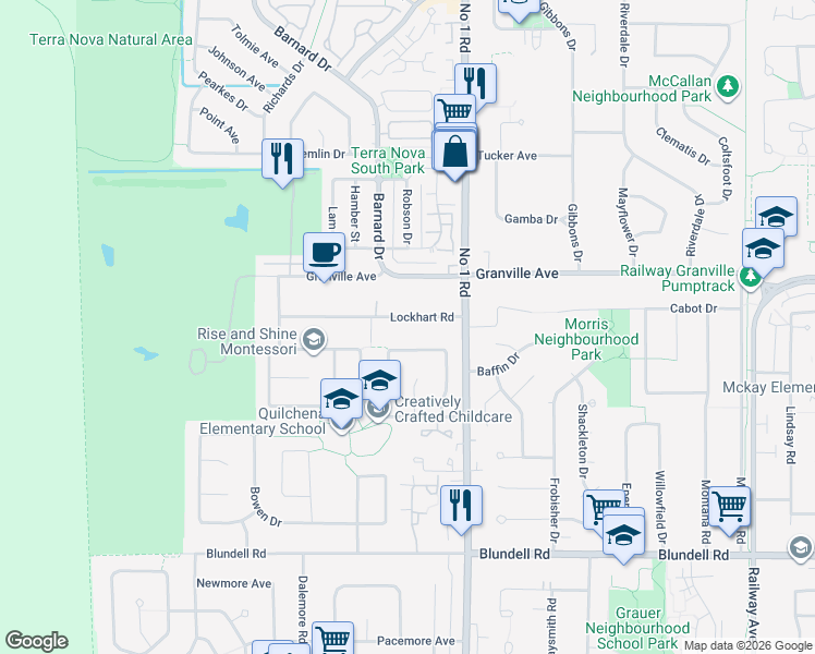 map of restaurants, bars, coffee shops, grocery stores, and more near 3820 Lockhart Road in Richmond
