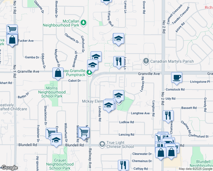 map of restaurants, bars, coffee shops, grocery stores, and more near 7180 Lindsay Road in Richmond