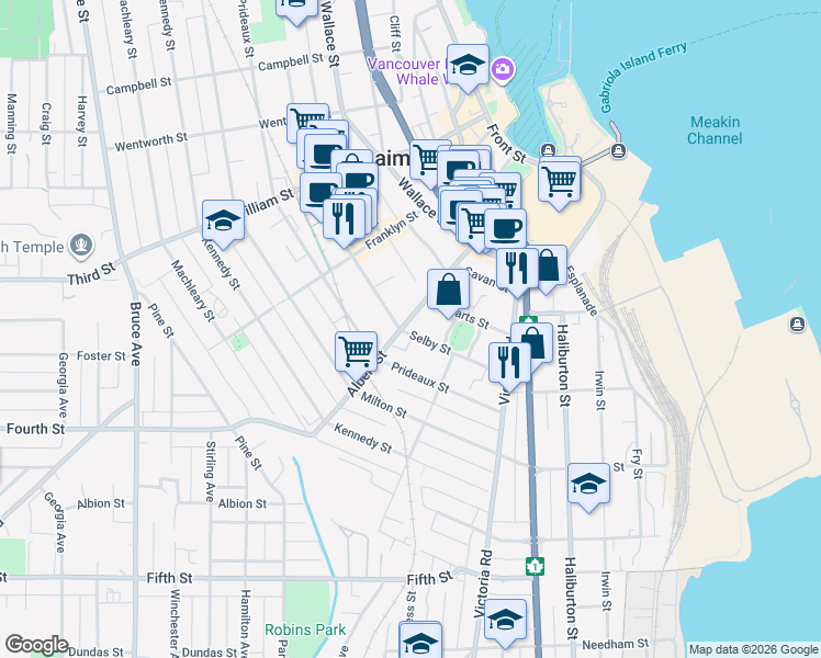 map of restaurants, bars, coffee shops, grocery stores, and more near 495 Albert Street in Nanaimo