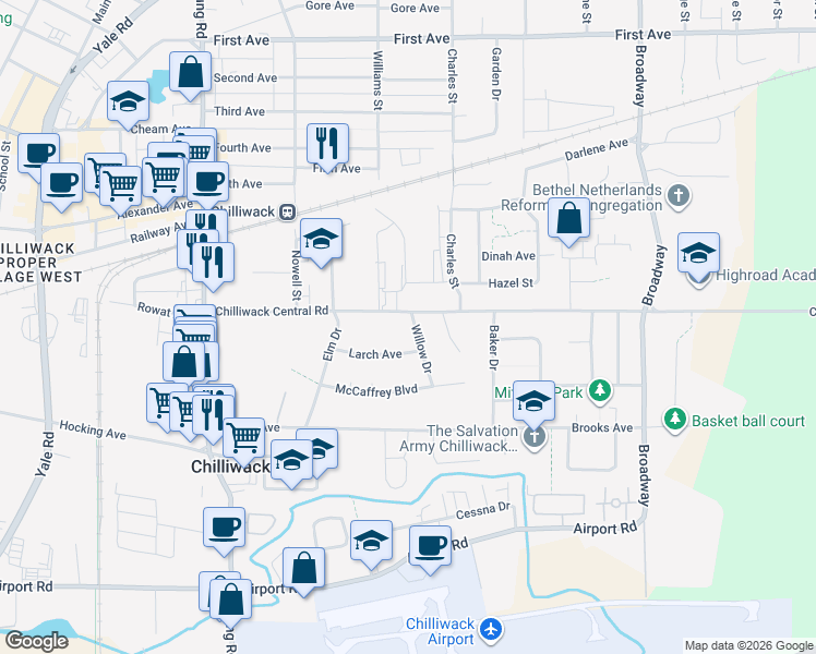 map of restaurants, bars, coffee shops, grocery stores, and more near 8755 Willow Drive in Chilliwack
