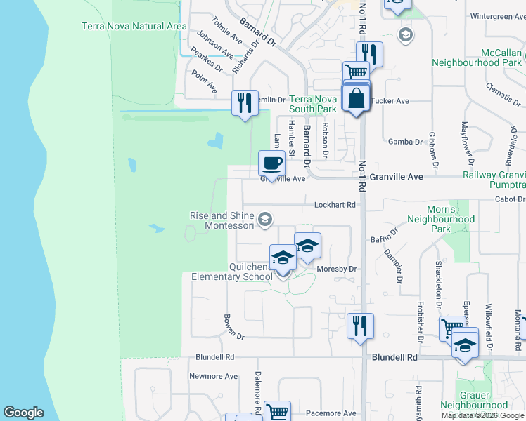 map of restaurants, bars, coffee shops, grocery stores, and more near 3460 Lockhart Road in Richmond