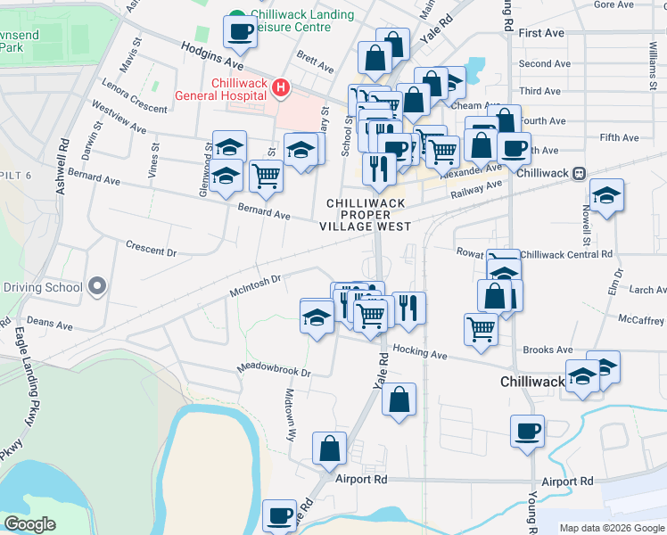 map of restaurants, bars, coffee shops, grocery stores, and more near 45655 McIntosh Drive in Chilliwack