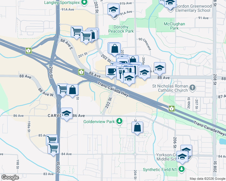 map of restaurants, bars, coffee shops, grocery stores, and more near 2710 202 Street in Langley