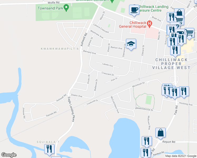 map of restaurants, bars, coffee shops, grocery stores, and more near 8772 Bellevue Drive in Chilliwack