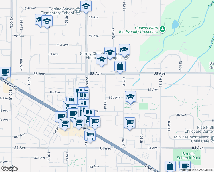map of restaurants, bars, coffee shops, grocery stores, and more near 16127 87 Avenue in Surrey