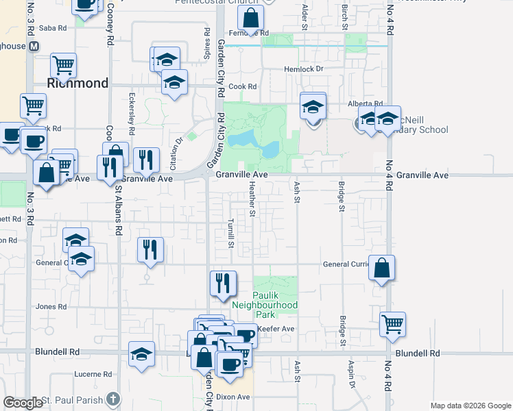 map of restaurants, bars, coffee shops, grocery stores, and more near 7288 Heather Street in Richmond