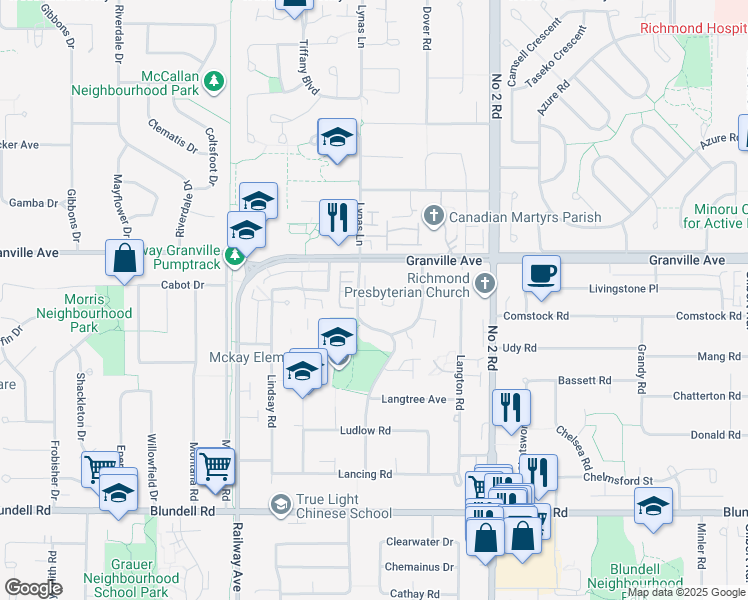 map of restaurants, bars, coffee shops, grocery stores, and more near 5500 Linscott Court in Richmond