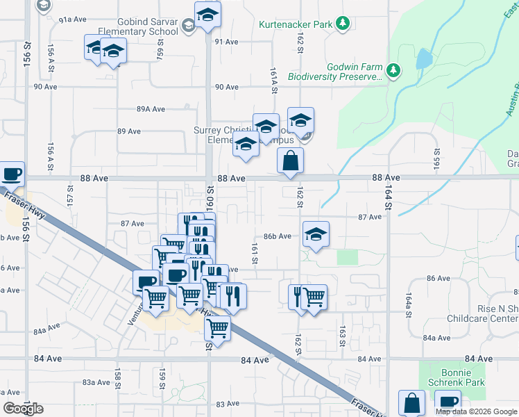 map of restaurants, bars, coffee shops, grocery stores, and more near 16127 87 Avenue in Surrey