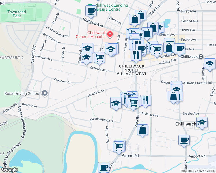 map of restaurants, bars, coffee shops, grocery stores, and more near 45593 McIntosh Drive in Chilliwack