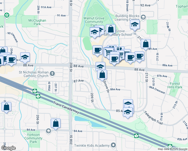 map of restaurants, bars, coffee shops, grocery stores, and more near 8675 Walnut Grove Drive in Langley