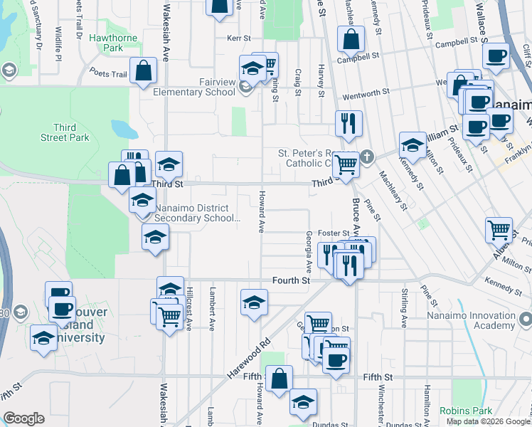 map of restaurants, bars, coffee shops, grocery stores, and more near 342 Howard Avenue in Nanaimo