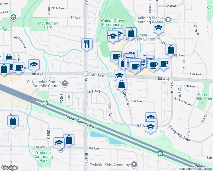 map of restaurants, bars, coffee shops, grocery stores, and more near 20881 87 Avenue in Langley Township