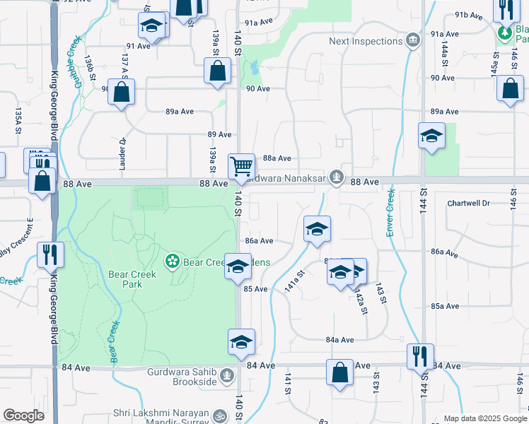 map of restaurants, bars, coffee shops, grocery stores, and more near 8736 140A Street in Surrey