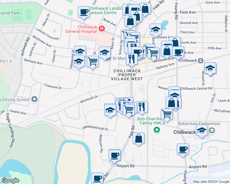 map of restaurants, bars, coffee shops, grocery stores, and more near 45665 McIntosh Drive in Chilliwack