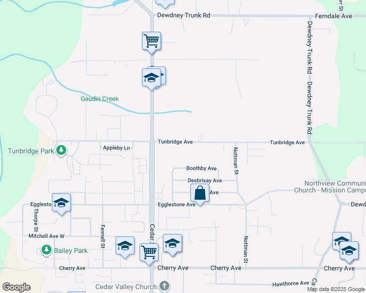 map of restaurants, bars, coffee shops, grocery stores, and more near 32876 Tunbridge Avenue in Mission