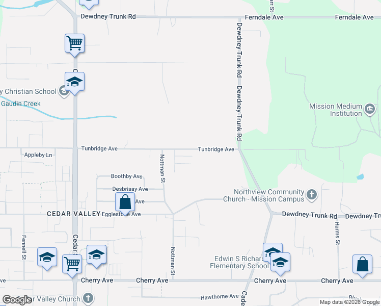 map of restaurants, bars, coffee shops, grocery stores, and more near 33164 Tunbridge Avenue in Mission
