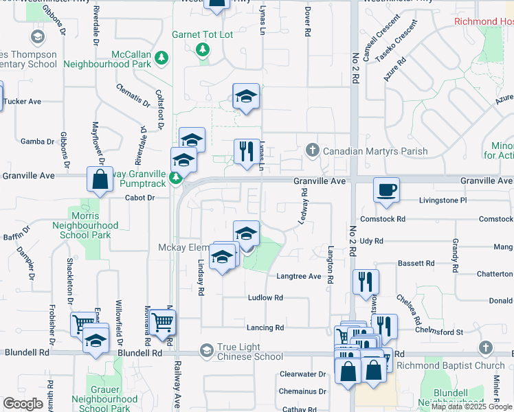 map of restaurants, bars, coffee shops, grocery stores, and more near 7255 Lynnwood Drive in Richmond