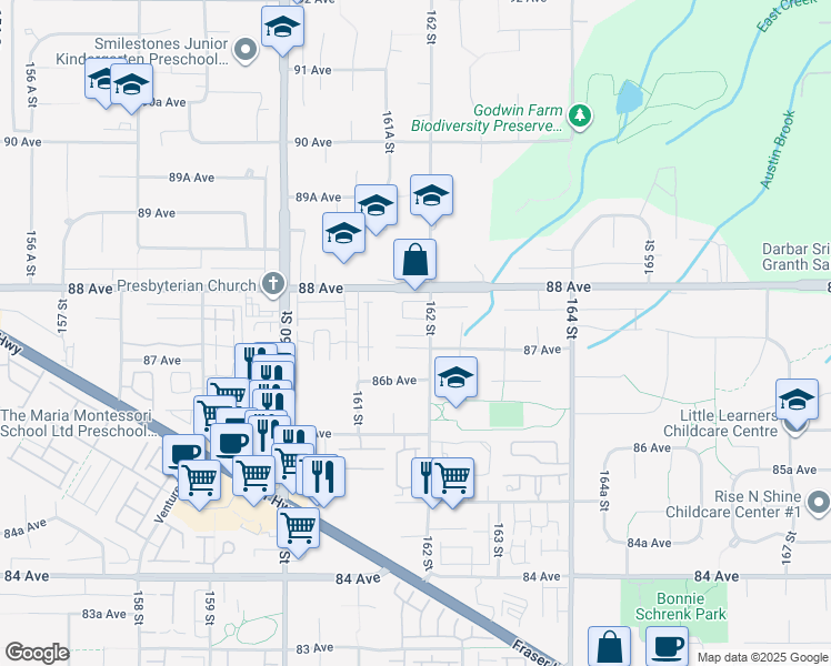 map of restaurants, bars, coffee shops, grocery stores, and more near in Surrey