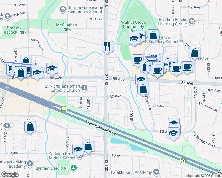 map of restaurants, bars, coffee shops, grocery stores, and more near in Langley Township