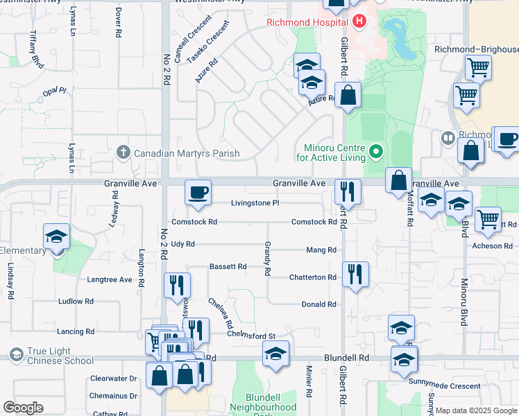 map of restaurants, bars, coffee shops, grocery stores, and more near 6440 Livingstone Place in Richmond