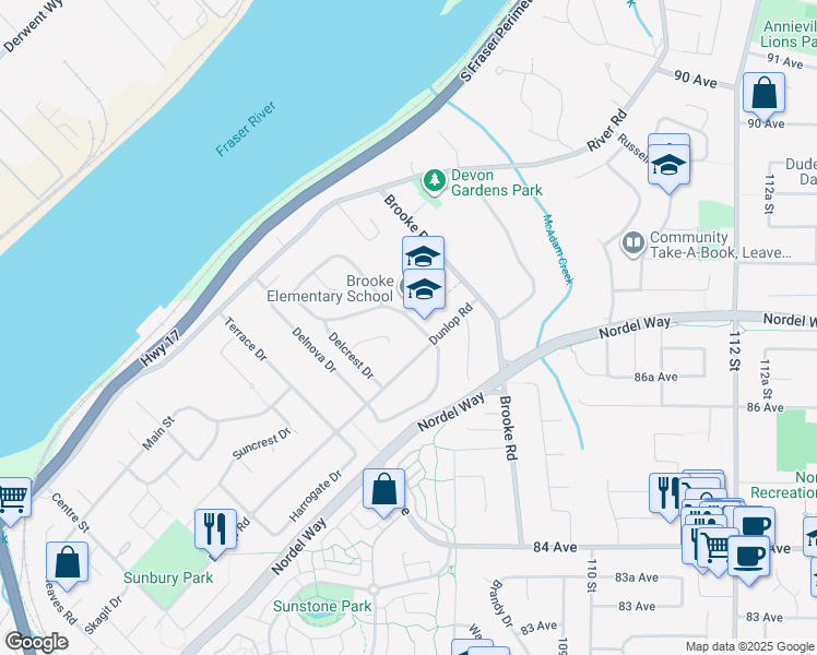 map of restaurants, bars, coffee shops, grocery stores, and more near 8755 Delwood Drive in Delta