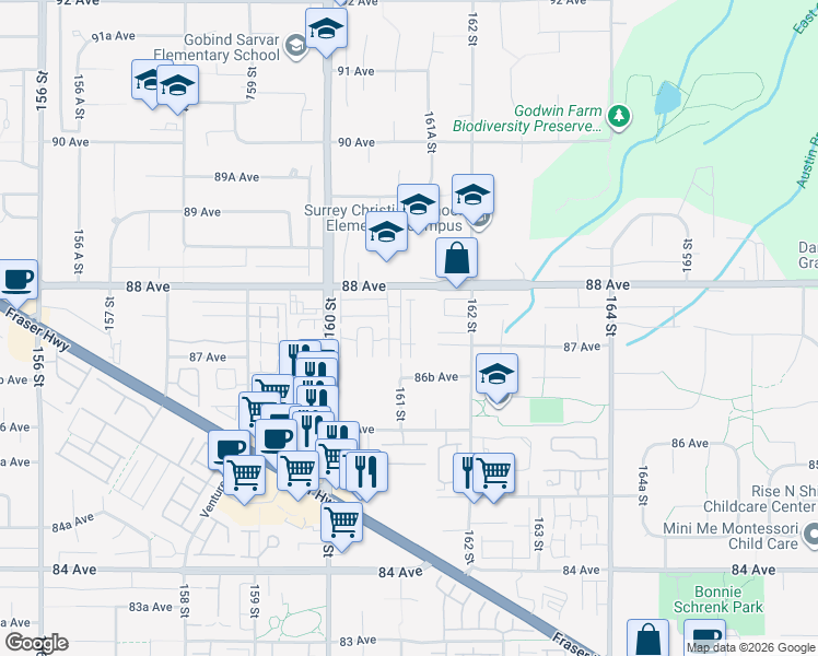 map of restaurants, bars, coffee shops, grocery stores, and more near 16127 87 Avenue in Surrey