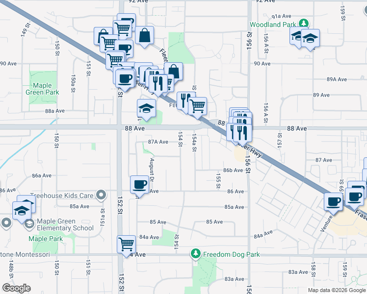map of restaurants, bars, coffee shops, grocery stores, and more near 8736 154 Street in Surrey