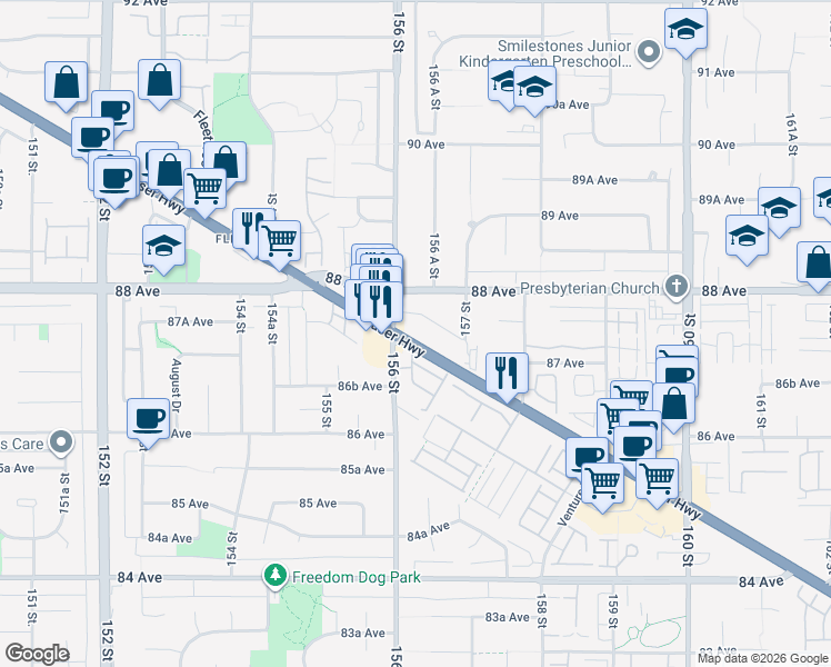 map of restaurants, bars, coffee shops, grocery stores, and more near in Surrey