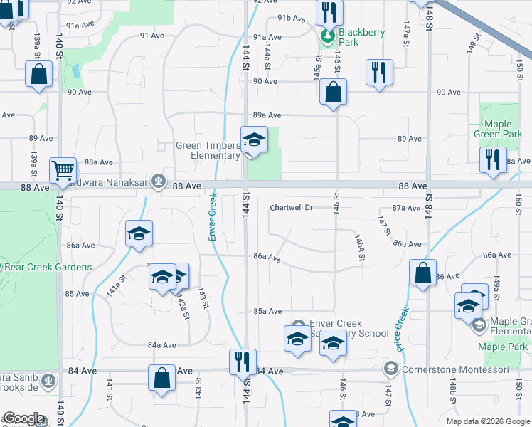 map of restaurants, bars, coffee shops, grocery stores, and more near in Surrey