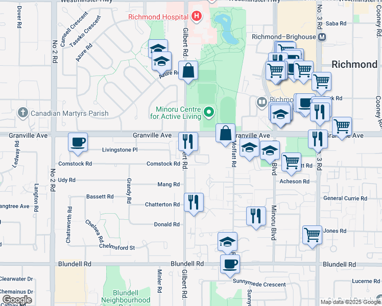 map of restaurants, bars, coffee shops, grocery stores, and more near 7160 Gilbert Road in Richmond