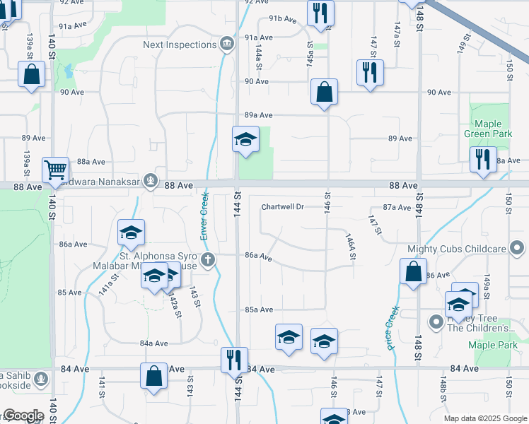 map of restaurants, bars, coffee shops, grocery stores, and more near 14458 Chartwell Drive in Surrey