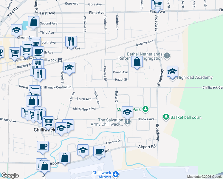 map of restaurants, bars, coffee shops, grocery stores, and more near 8750 Lombardy Crescent in Chilliwack