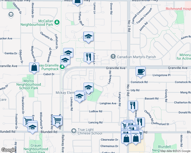 map of restaurants, bars, coffee shops, grocery stores, and more near 7242 Lynnwood Drive in Richmond