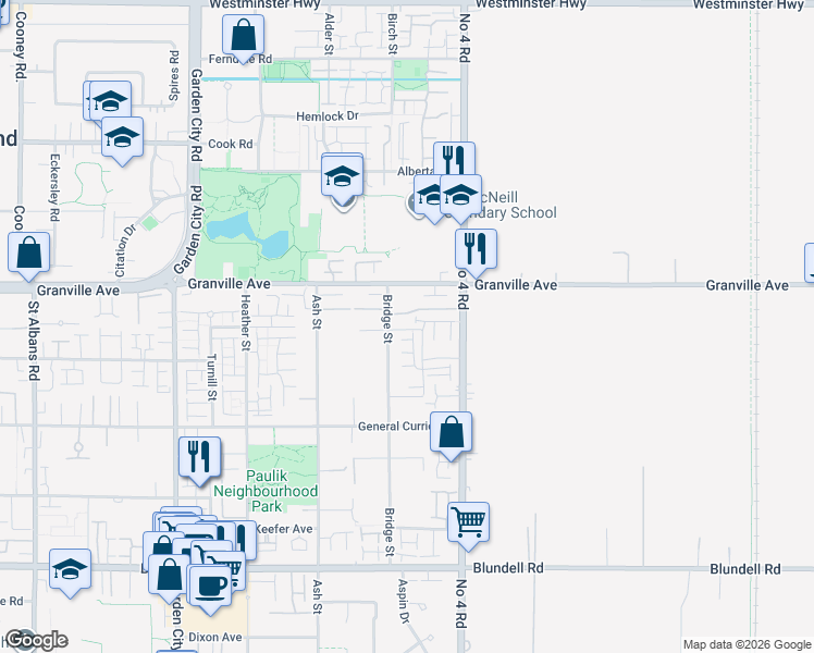 map of restaurants, bars, coffee shops, grocery stores, and more near 7151 Bridge Street in Richmond