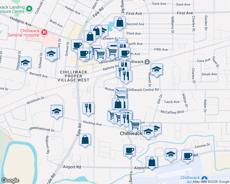 map of restaurants, bars, coffee shops, grocery stores, and more near 45920 Rowat Avenue in Chilliwack
