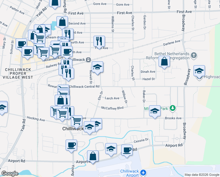 map of restaurants, bars, coffee shops, grocery stores, and more near 46210 Chilliwack Central Road in Chilliwack