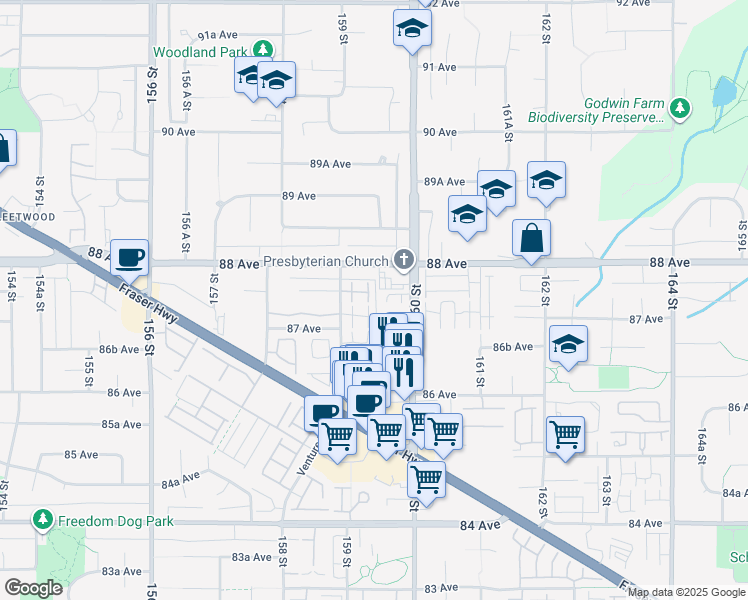 map of restaurants, bars, coffee shops, grocery stores, and more near 8733 160 Street in Surrey