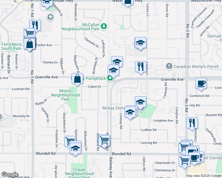 map of restaurants, bars, coffee shops, grocery stores, and more near 7117 Lindsay Road in Richmond