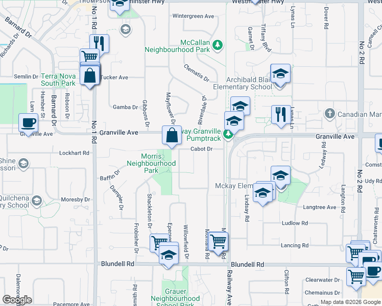 map of restaurants, bars, coffee shops, grocery stores, and more near 7071 Cavelier Court in Richmond
