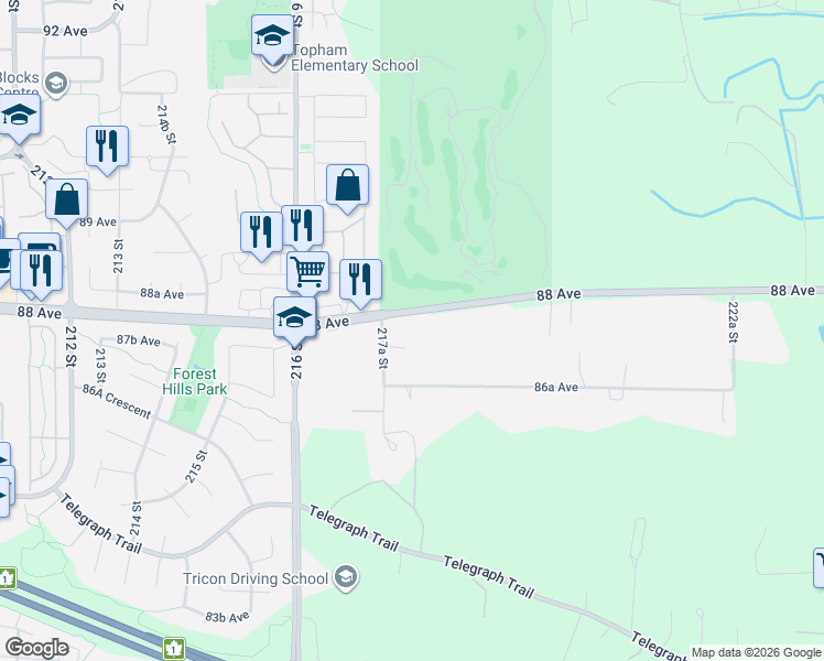 map of restaurants, bars, coffee shops, grocery stores, and more near 21754 88 Avenue in Langley Township