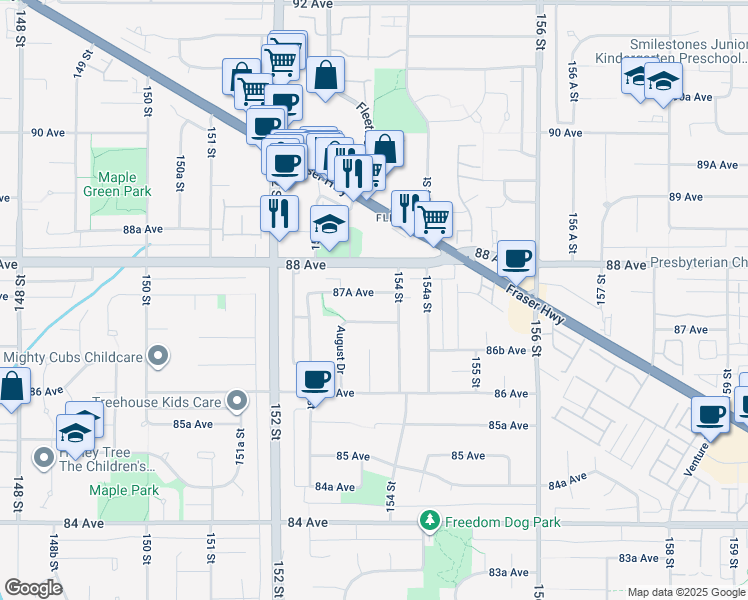 map of restaurants, bars, coffee shops, grocery stores, and more near 15350 87A Avenue in Surrey