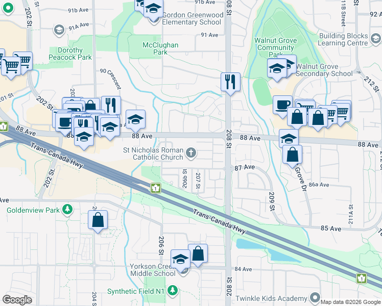map of restaurants, bars, coffee shops, grocery stores, and more near 20751 87 Avenue in Langley Township