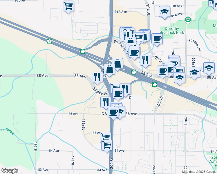 map of restaurants, bars, coffee shops, grocery stores, and more near 374 200 Street in Langley