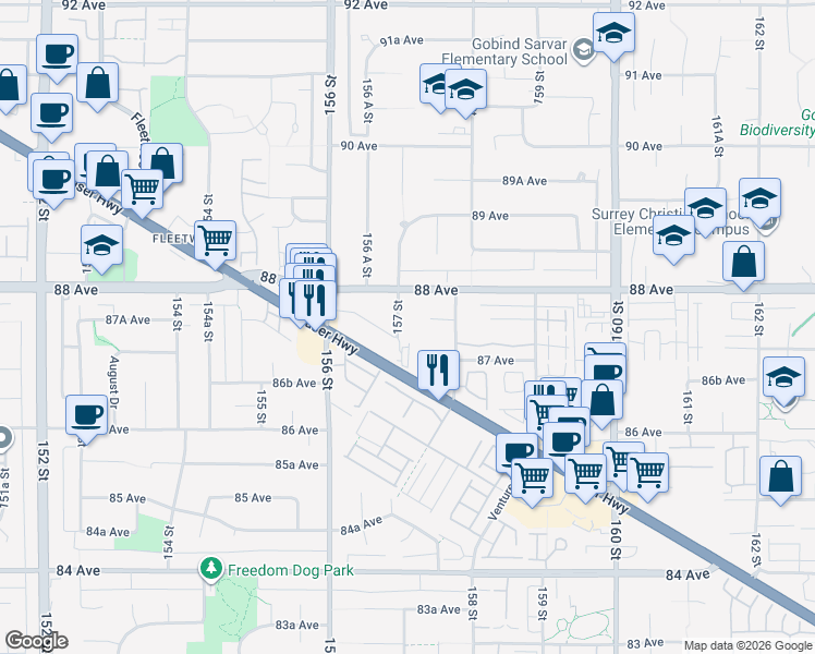 map of restaurants, bars, coffee shops, grocery stores, and more near 8748 157 Street in Surrey